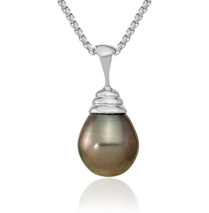 14K Solid White Gold 10mm Black Teardrop Tahitian Saltwater Cultured Pearl Necklace Chain Pendant Charm