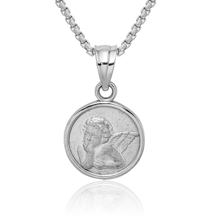 14K Solid White Gold 10mm Guardian Angel Wings Coin Necklace Protect Us Cherub Pendant Religious Charm