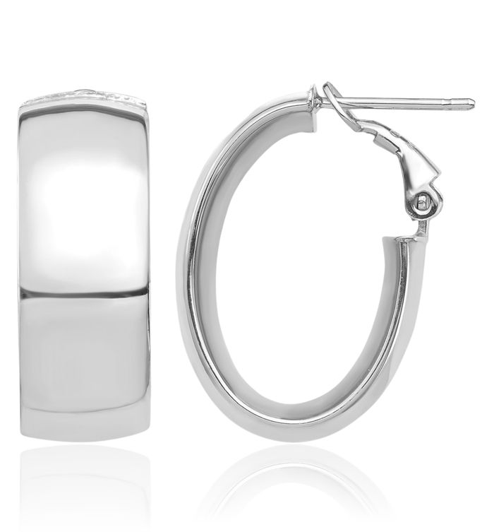 14K Solid White Gold 10mm Omega Clip Back Post Oval Medium Hoop Earrings