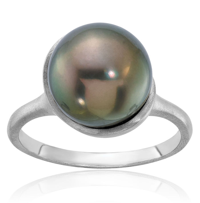 14K Solid White Gold 10mm Round Black Tahitian Saltwater Cultured Pearl Statement Ring