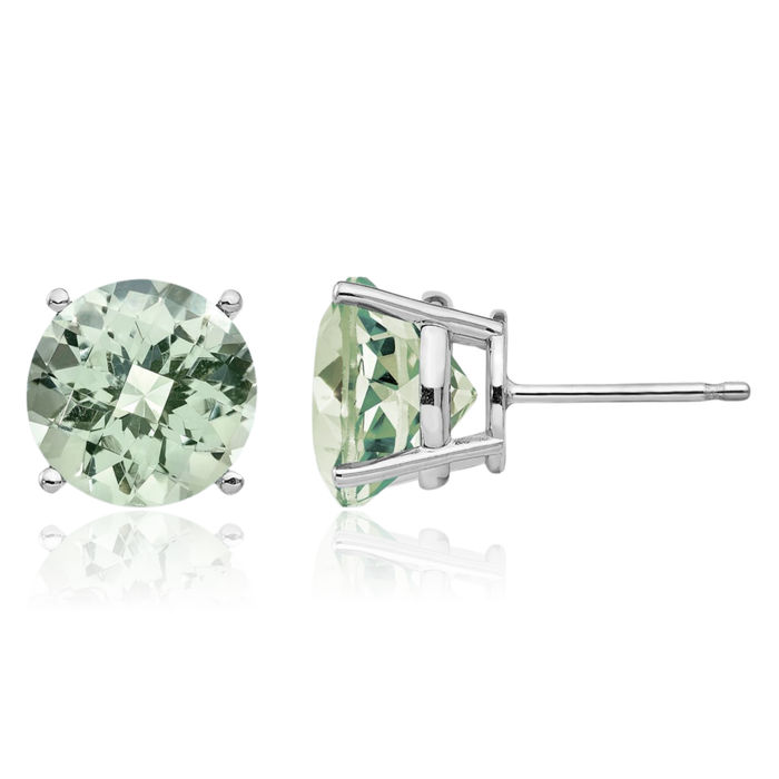 14K Solid White Gold 10mm Round Checker Cut Green Quartz Studs Gemstone Solitaire Earrings August Birthstone Jewelry