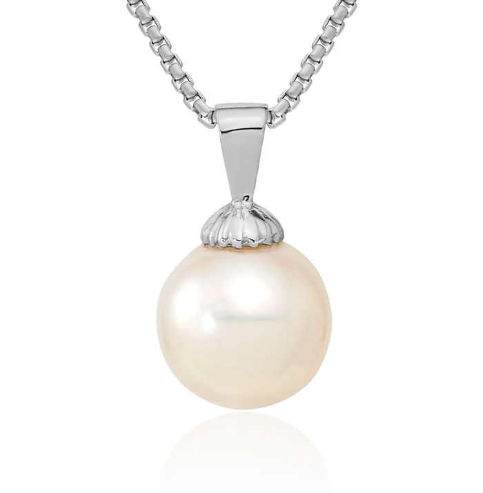 14K Solid White Gold 10mm Round South Sea Saltwater Cultured Pearl Necklace Chain Pendant Charm