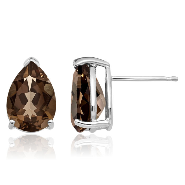 14K Solid White Gold 10x7 Brown Smoky Quartz Studs Pear Teardrop Gemstone Solitaire Earrings June Birthstone Jewelry