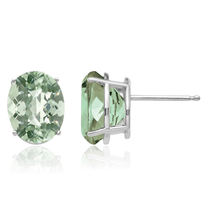 14K Solid White Gold 10x8 Oval Checker Cut Green Quartz Studs Gemstone Solitaire Earrings August Birthstone Jewelry