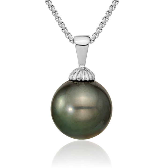 14K Solid White Gold 11mm Black Round Tahitian Saltwater Cultured Pearl Necklace Chain Pendant Charm