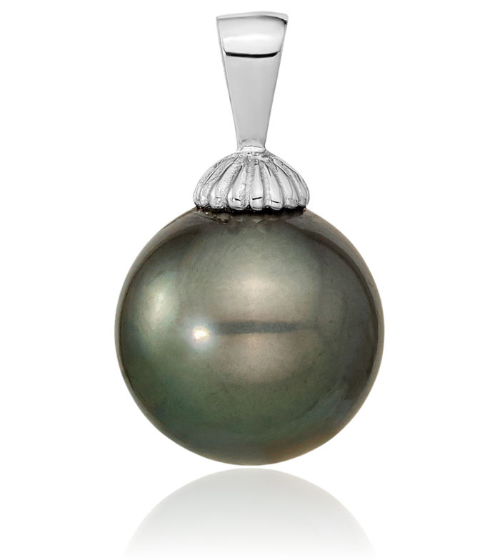 14K Solid White Gold 11mm Black Round Tahitian Saltwater Cultured Pearl Necklace Chain Pendant Charm