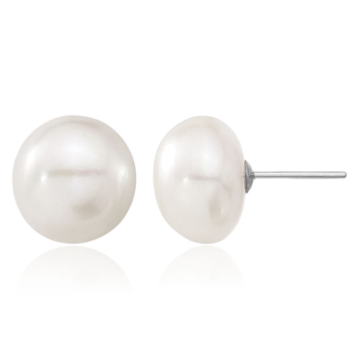 14K Solid White Gold 11mm Button Freshwater Cultured Pearl Stud Earrings