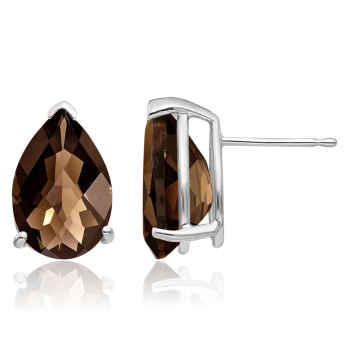 14K Solid White Gold 12x8 Checker Cut Brown Smoky Quartz Studs Pear Teardrop Gemstone Solitaire Earrings June Birthstone Jewelry