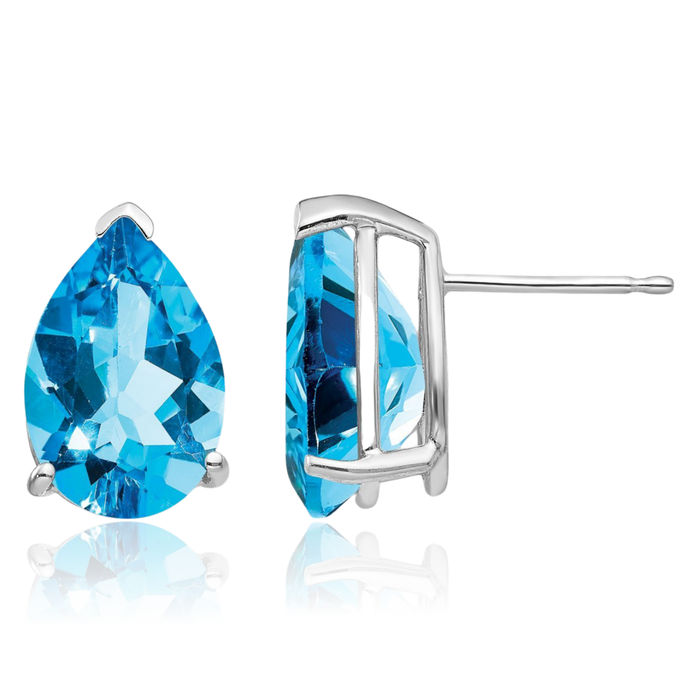 14K Solid White Gold 12x8mm Swiss Blue Topaz Studs Pear Teardrop Gemstone Solitaire Earrings December Birthstone Jewelry