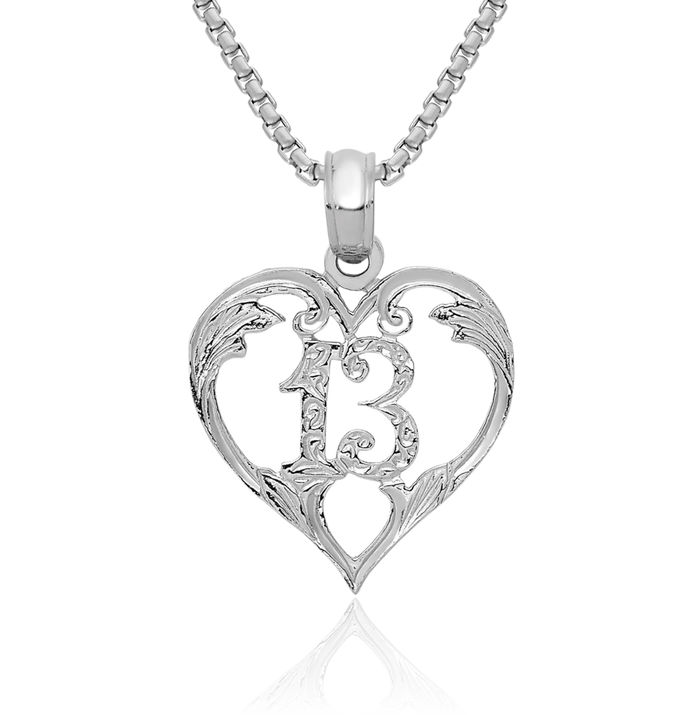 14K Solid White Gold 13 Heart Necklace Love Pendant Charm