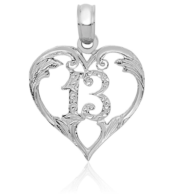 14K Solid White Gold 13 Heart Necklace Love Pendant Charm