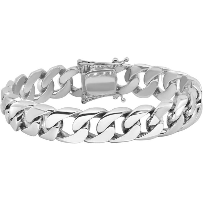 14K Solid White Gold 13.4mm Round Curb Link Chain Bracelet