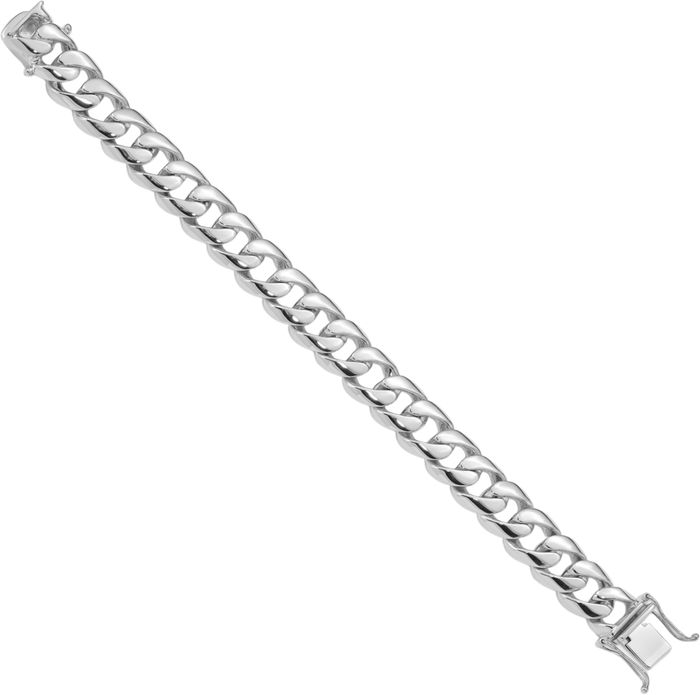 14K Solid White Gold 13.4mm Round Curb Link Chain Bracelet