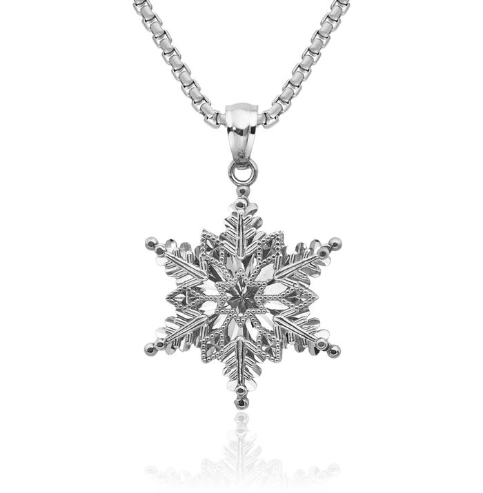 14K Solid White Gold 2 Level Snowflake Necklace Chain Pendant Charm