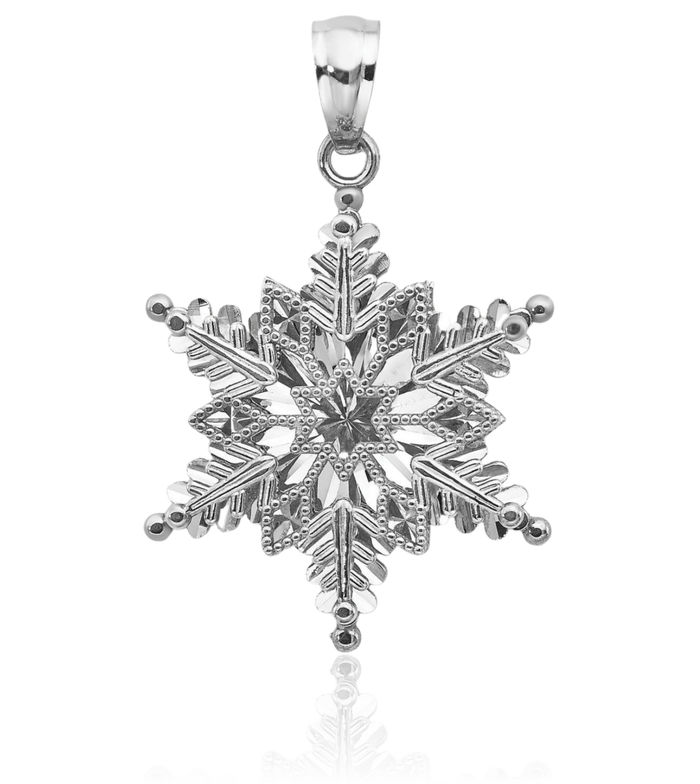 14K Solid White Gold 2 Level Snowflake Necklace Chain Pendant Charm