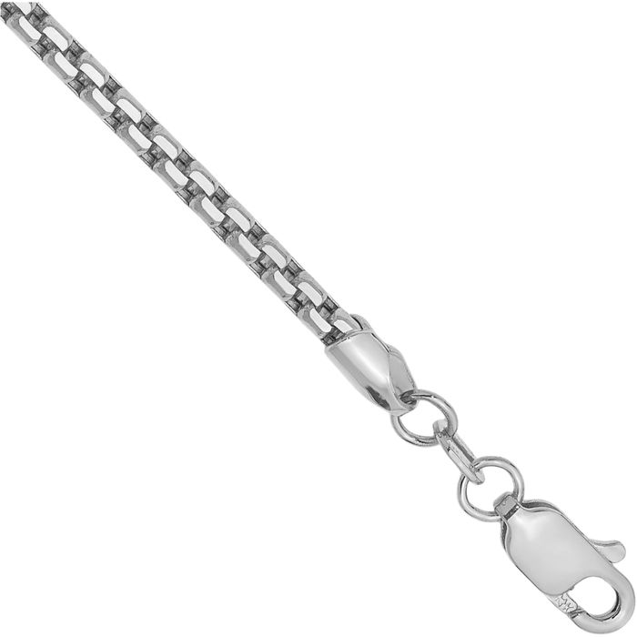 14K Solid White Gold 2.45mm Round Box Link Chain Bracelet