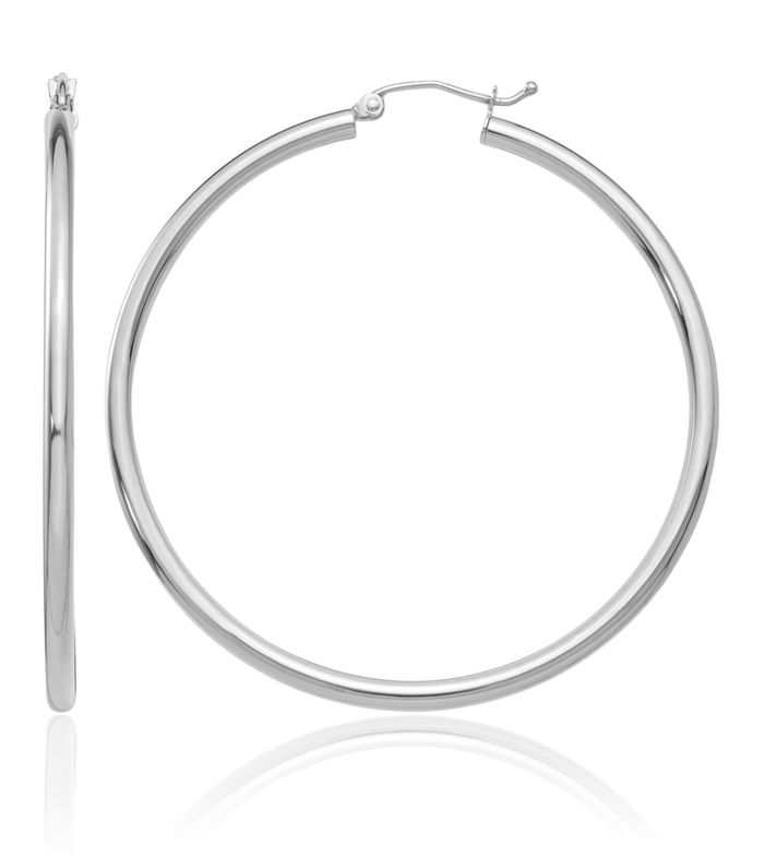 14K Solid White Gold 2.5mm Tube Round Extra Large Hoop Earrings