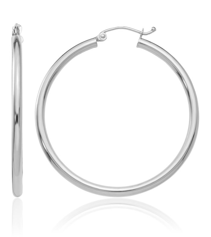 14K Solid White Gold 2.5mm Tube Round Large Hoop Earrings