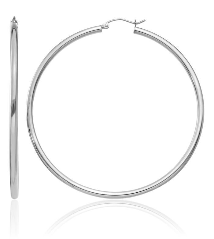 14K Solid White Gold 2.5mm Tube Round Large Hoop Earrings