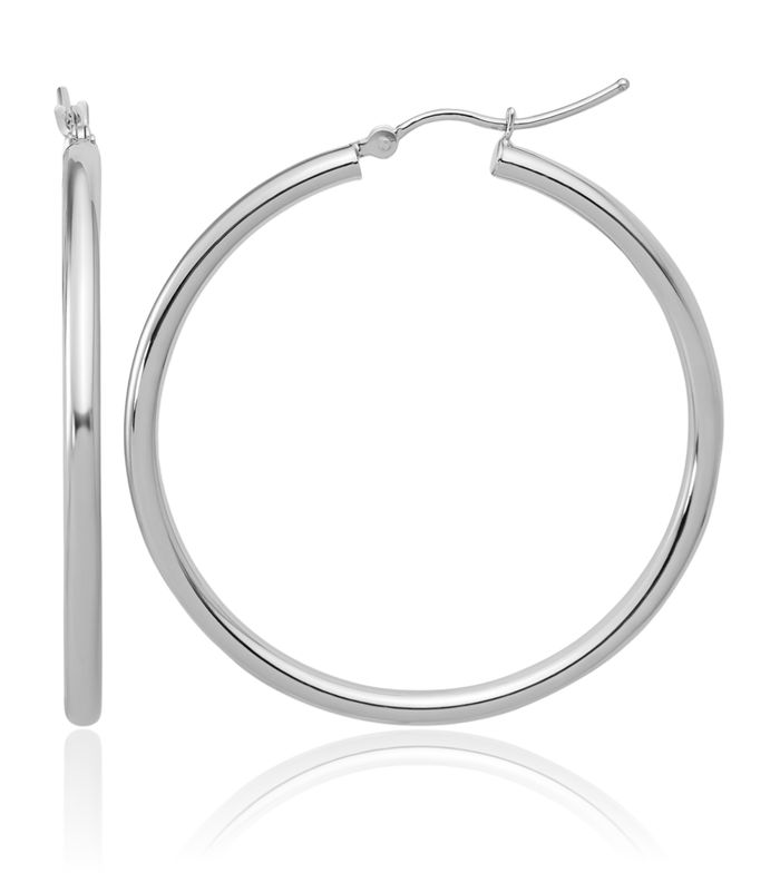 14K Solid White Gold 2.5mm Tube Round Large Hoop Earrings