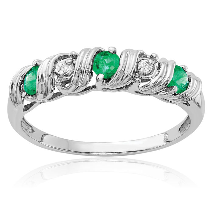 14K Solid White Gold 2.75mm Green Emerald Diamond Ring Gemstone Band May Birthstone Jewelry