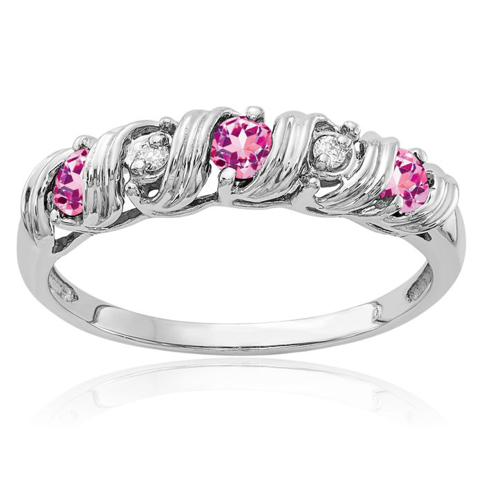 14K Solid White Gold 2.75mm Pink Sapphire Diamond Ring Gemstone Band October Birthstone Jewelry