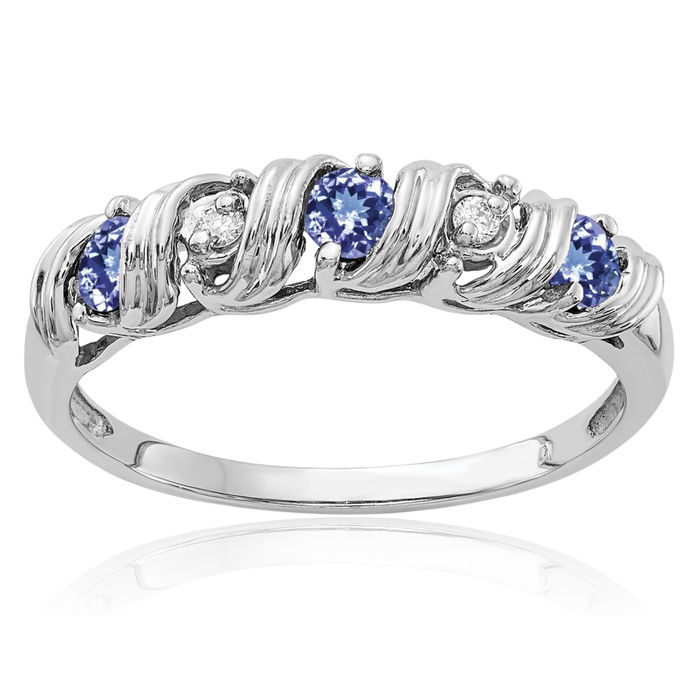 14K Solid White Gold 2.75mm Blue Tanzanite Diamond Ring Gemstone Band