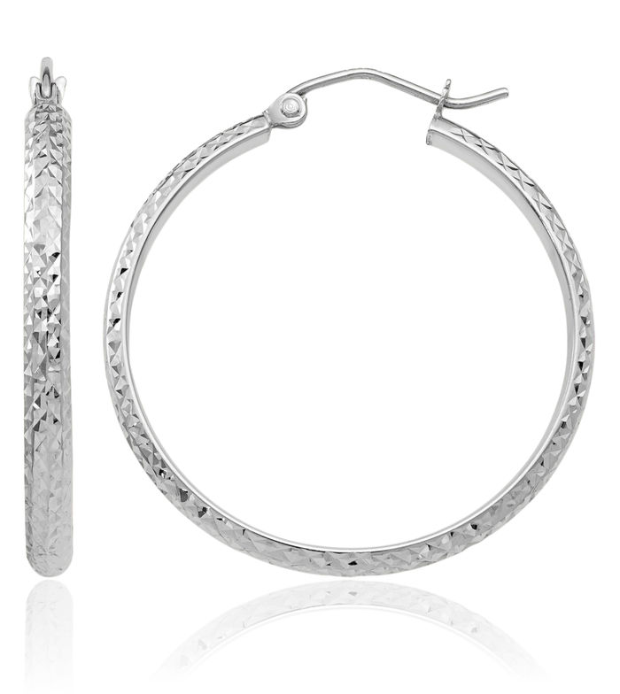 14K Solid White Gold 2.8x30mm Round Medium Hoop Earrings