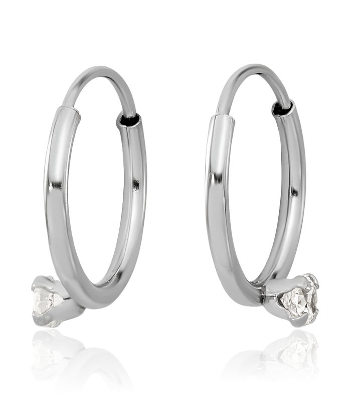 14K Solid White Gold 2mm Cubic Zirconia CZ Endless Huggie Mini Hoop Earrings