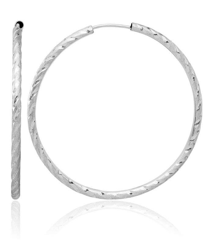 14K Solid White Gold 2mm Endless Round Large Hoop Earrings