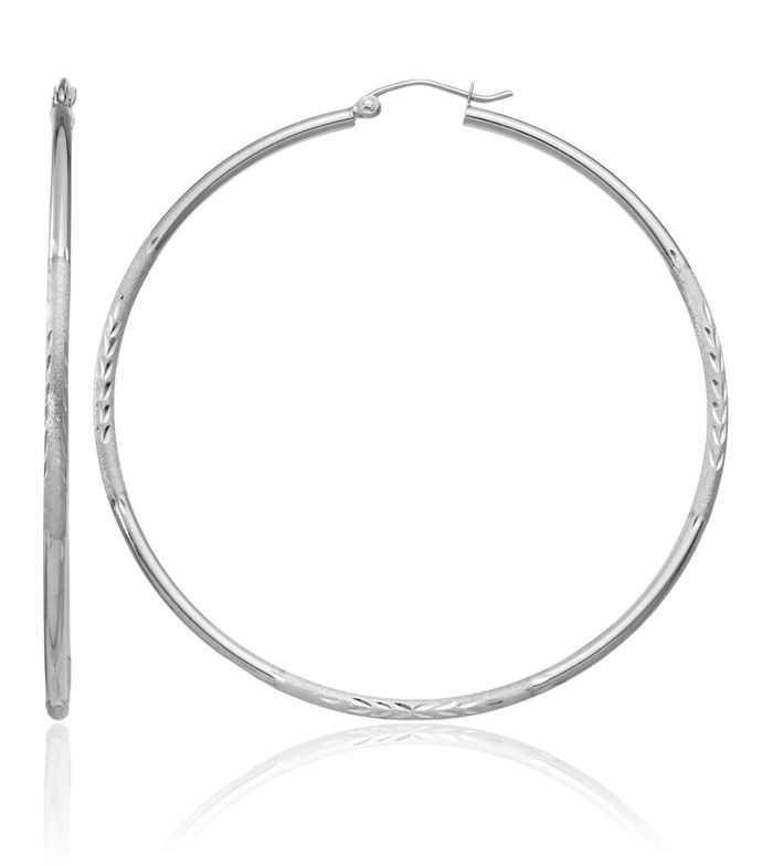 14K Solid White Gold 2mm Round Extra Large Hoop Earrings