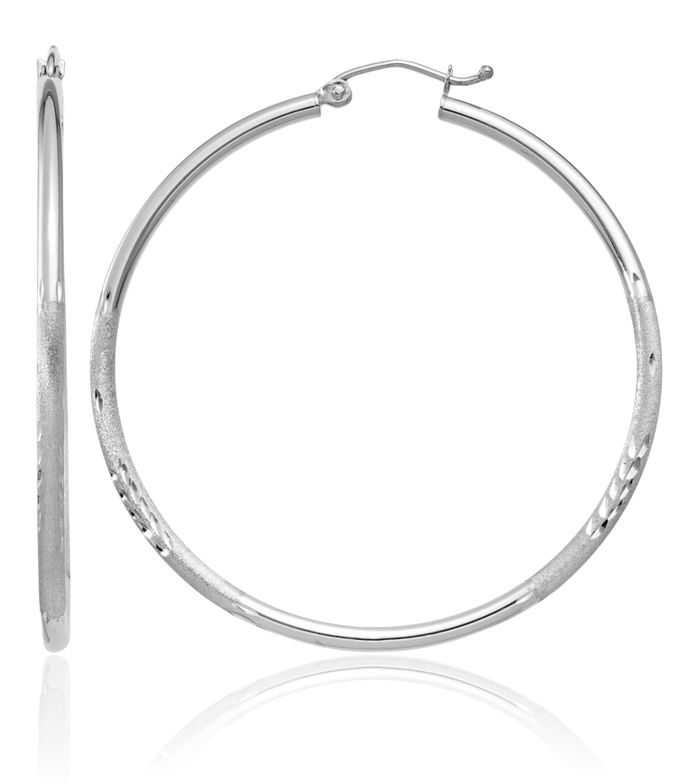 14K Solid White Gold 2mm Round Extra Large Hoop Earrings