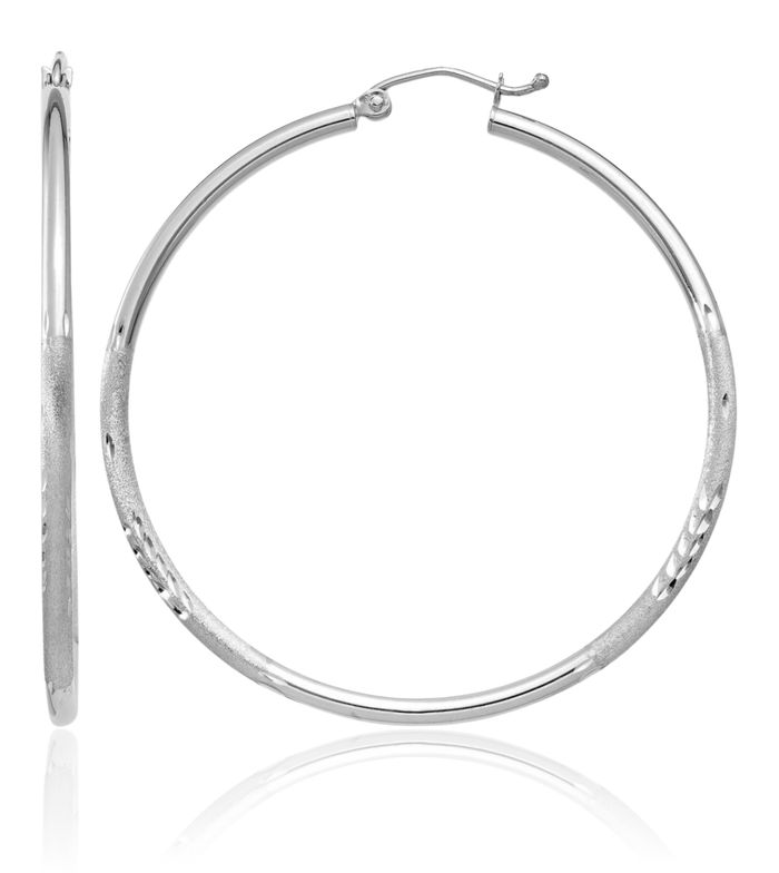 14K Solid White Gold 2mm Round Extra Large Hoop Earrings