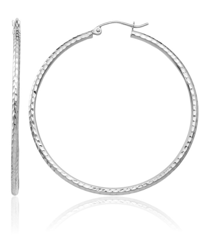 14K Solid White Gold 2mm Round Tube Large Hoop Earrings