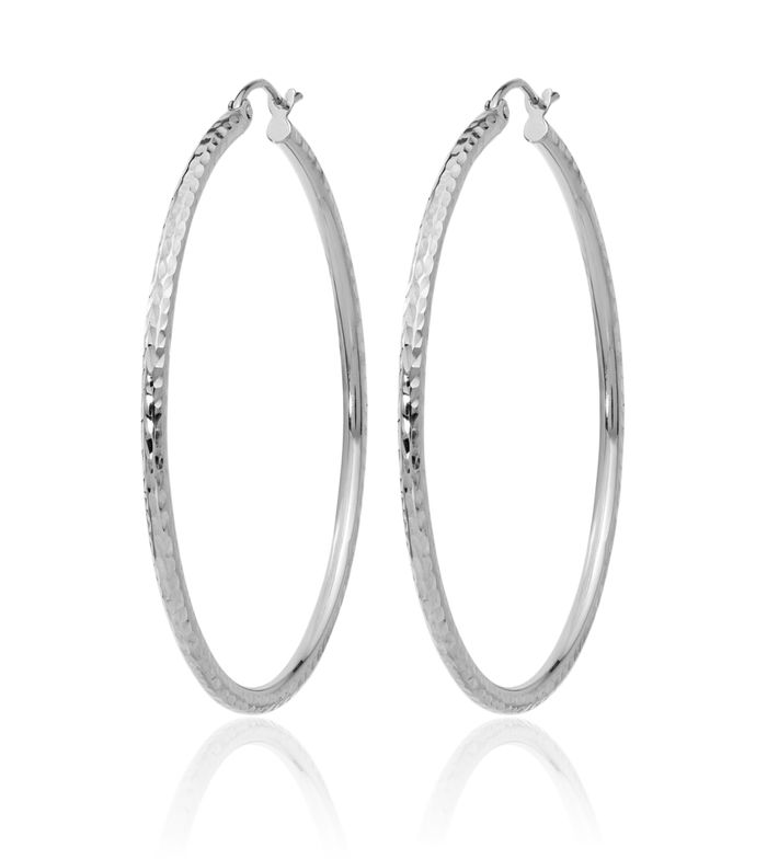 14K Solid White Gold 2mm Round Tube Large Hoop Earrings