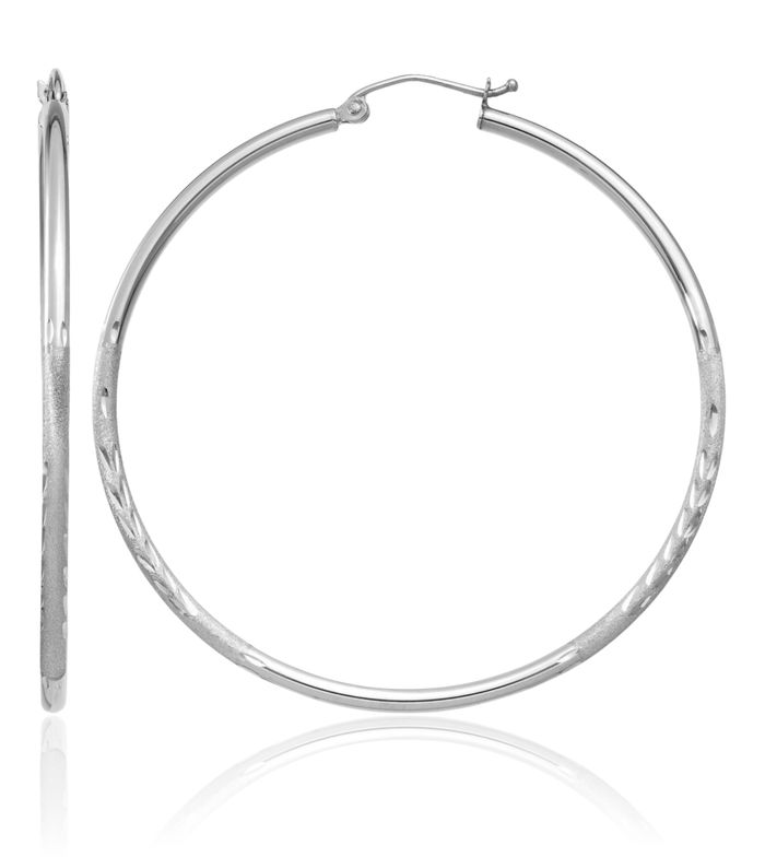 14K Solid White Gold 2mm Round Large Hoop Earrings