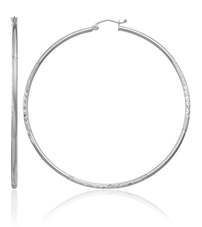 14K Solid White Gold 2mm Round Large Hoop Earrings