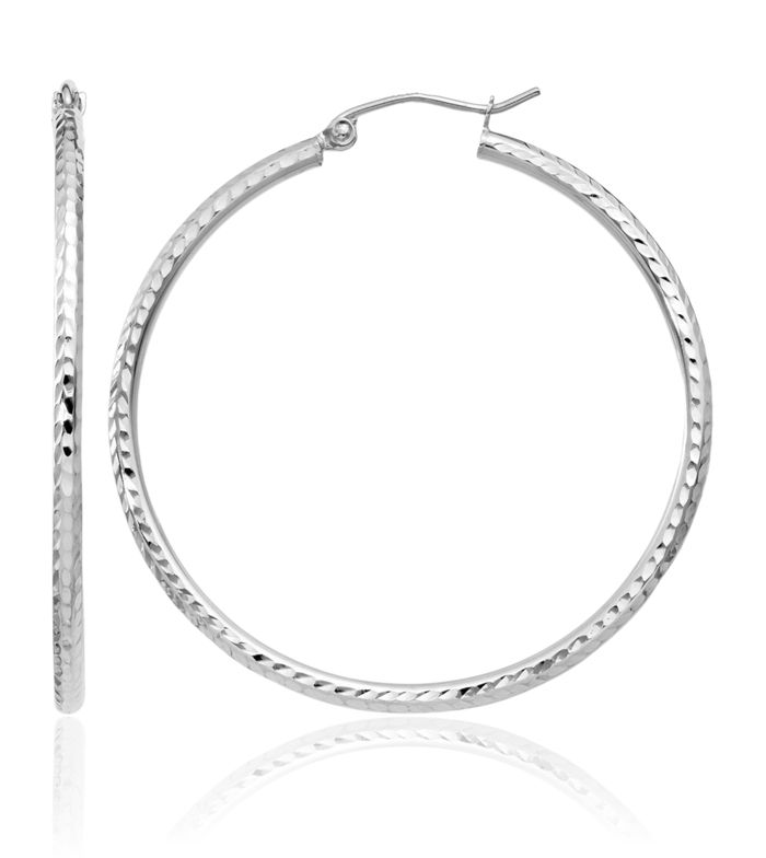 14K Solid White Gold 2mm Round Tube Large Hoop Earrings