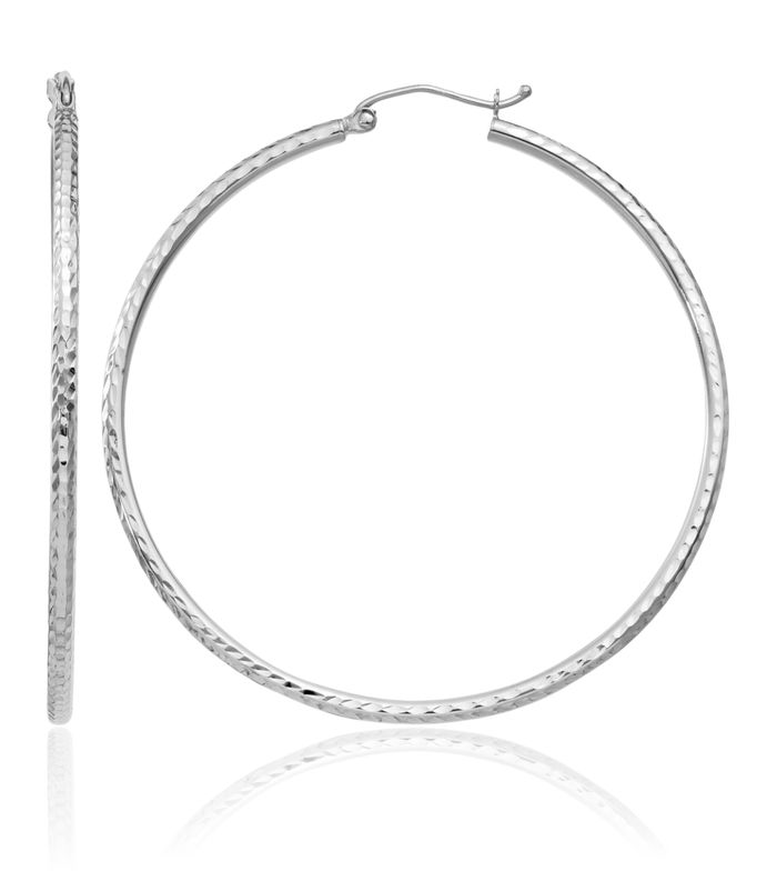 14K Solid White Gold 2mm Round Tube Large Hoop Earrings