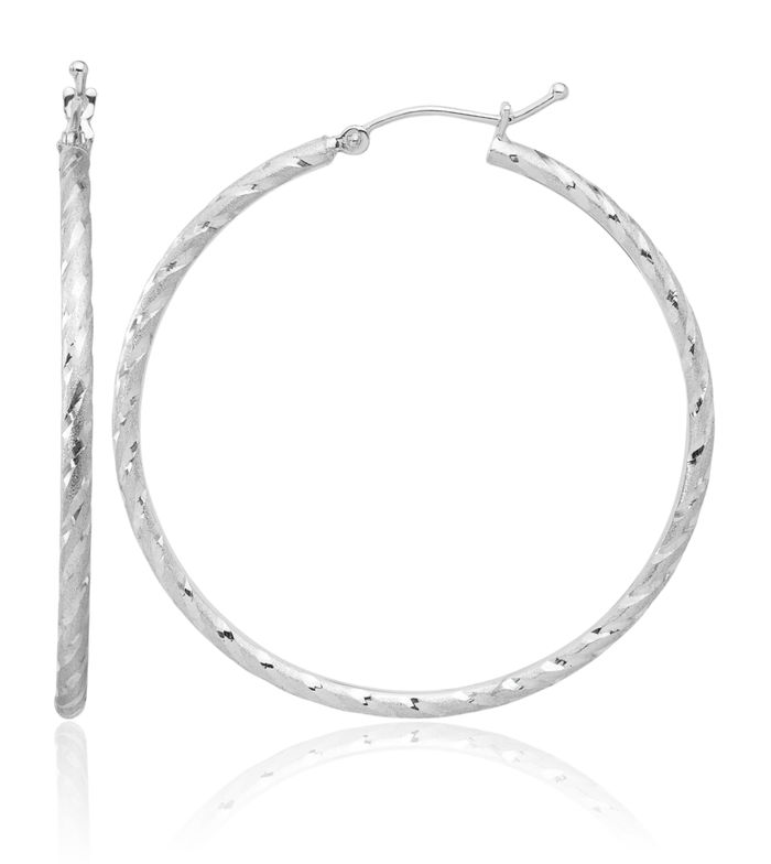 14K Solid White Gold 2mm Round Large Hoop Earrings