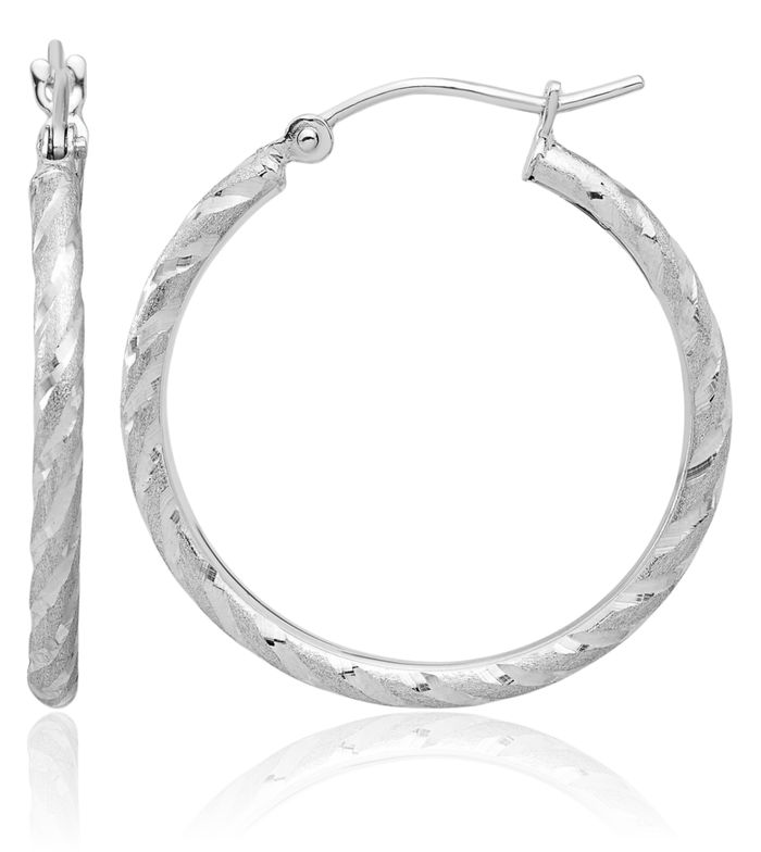 14K Solid White Gold 2mm Round Medium Hoop Earrings