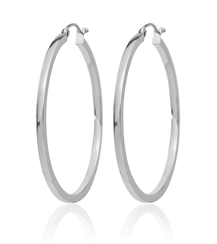 14K Solid White Gold 2mm Square Tube Round Large Hoop Earrings