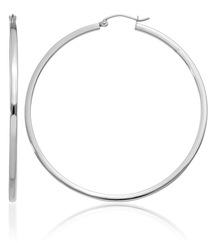 14K Solid White Gold 2mm Square Tube Round Large Hoop Earrings