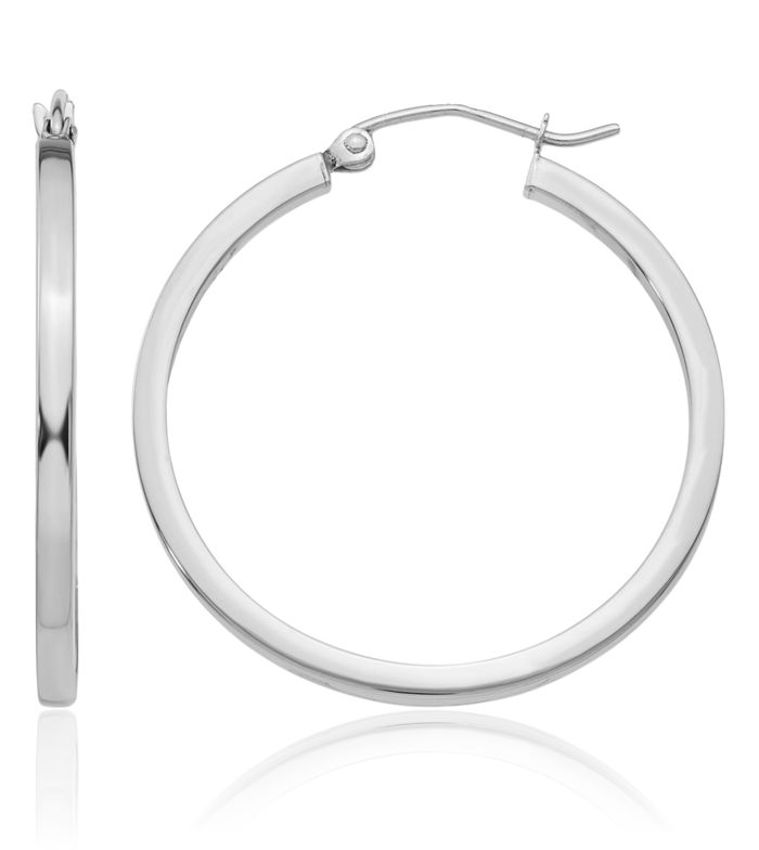 14K Solid White Gold 2mm Square Tube Round Medium Hoop Earrings