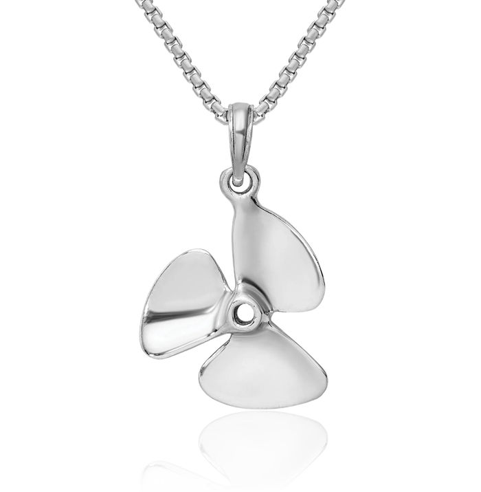 14K Solid White Gold 3 Blade Fishing Boat Propeller Necklace Chain Pendant Charm