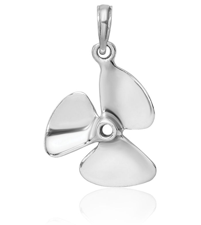 14K Solid White Gold 3 Blade Fishing Boat Propeller Necklace Chain Pendant Charm