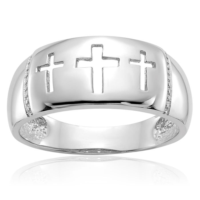 14K Solid White Gold 3 Holy Cross Ring Christian Religious Band