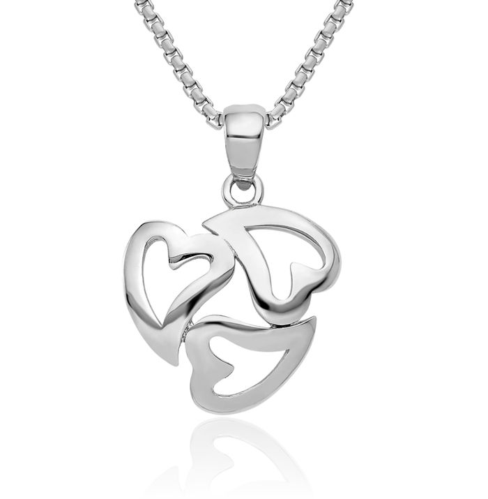 14K Solid White Gold 3 Heart Necklace Love Pendant Charm