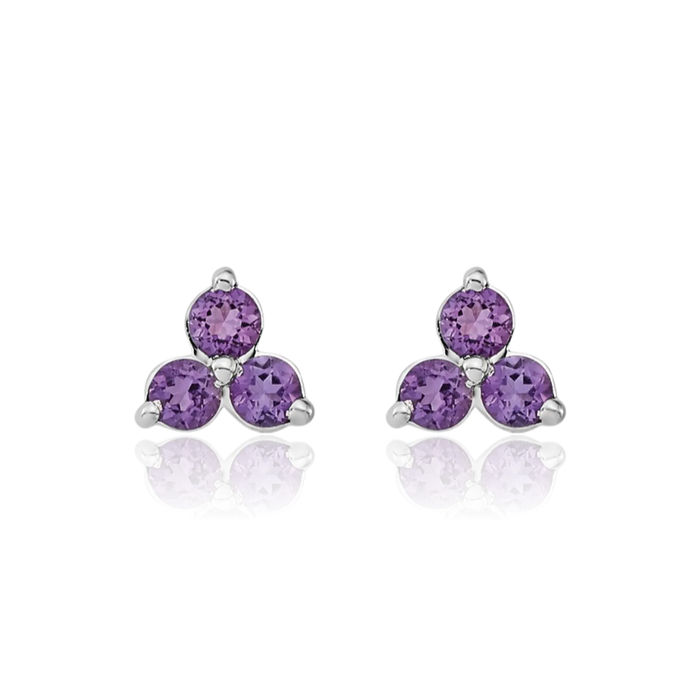 14K Solid White Gold 3 Stone Purple Amethyst Triangle Stud Earrings February Birthstone Jewelry