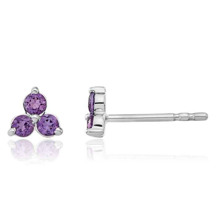 14K Solid White Gold 3 Stone Purple Amethyst Triangle Stud Earrings February Birthstone Jewelry